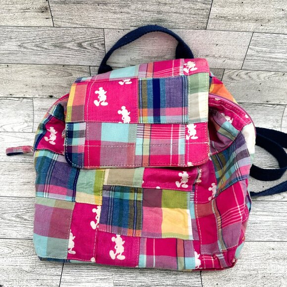 Women's Disney Parks Pink Plaid Patchwork Mickey Mouse Silhouette Mini Backpack - Picture 1 of 9
